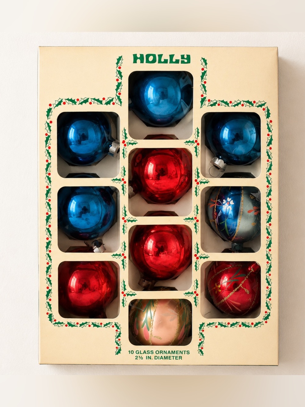Vintage Holly Glass 2 1/2” Christmas Ornaments, Set of 10 In Original Box MCM